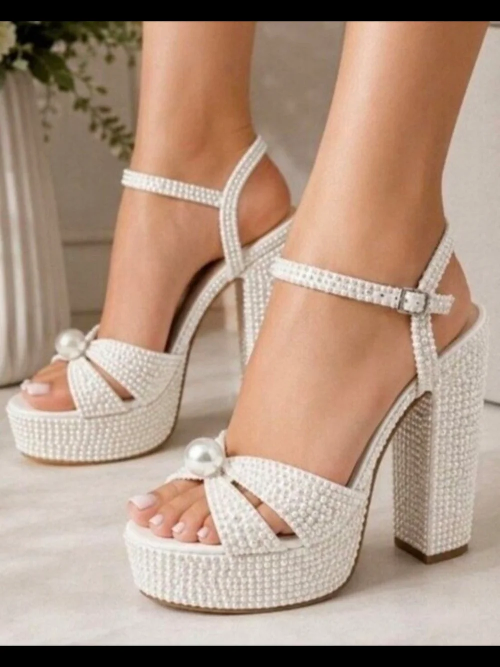 Gianni Bini White Pearl-Embellished Platform Block Heels